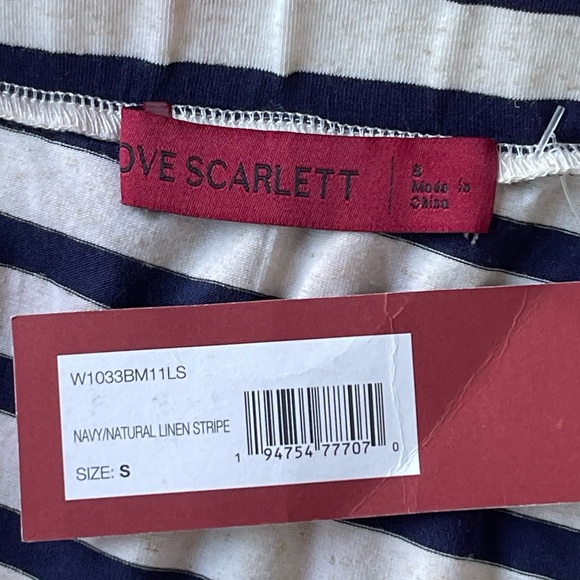 NWT Love Scarlett Navy Natural Linen Stripe Ruched Midi Skirt - Picture 3 of 6